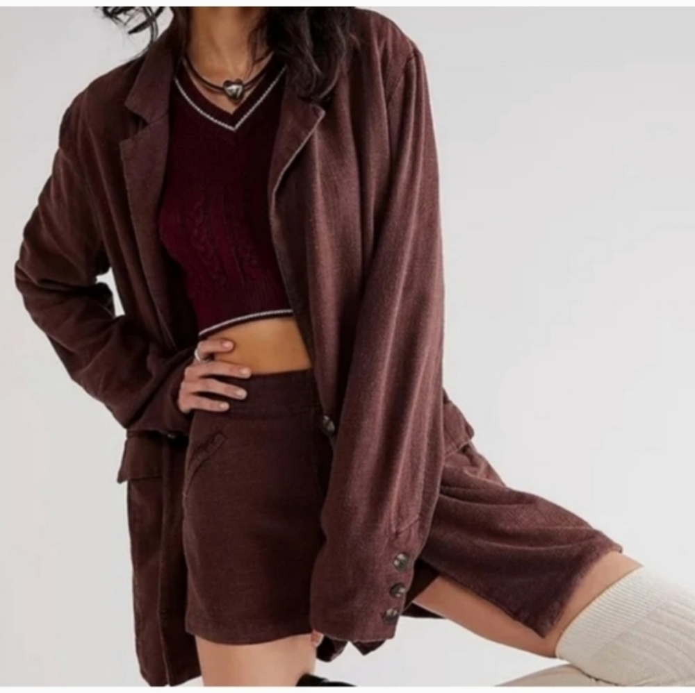 Free People If You Try Linen Blend Oversized  Blazer Chocolate Approx. Med